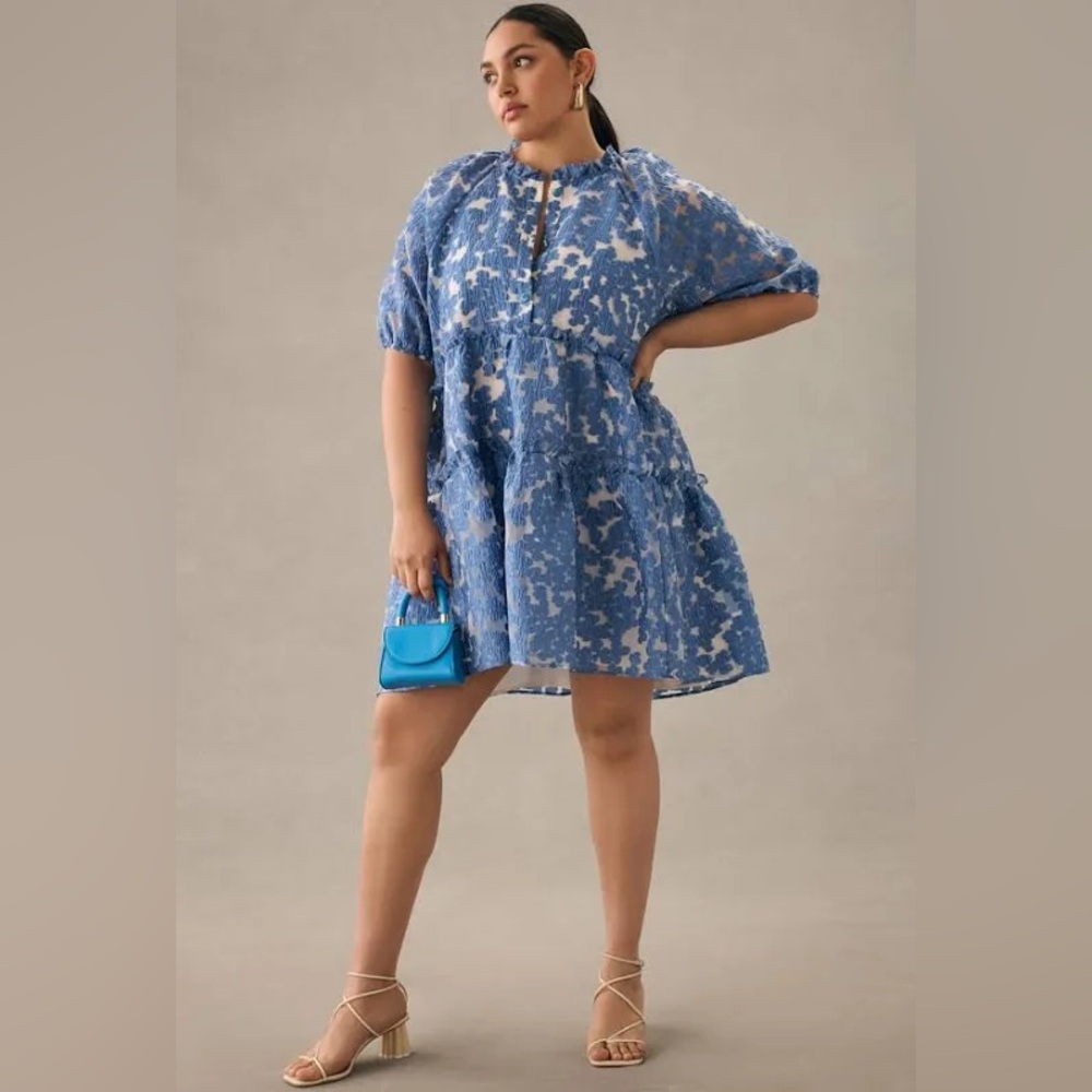 NWT Anthropologie Maeve, Jacquard Tiered Blue Floral Mini Dress, sz XL